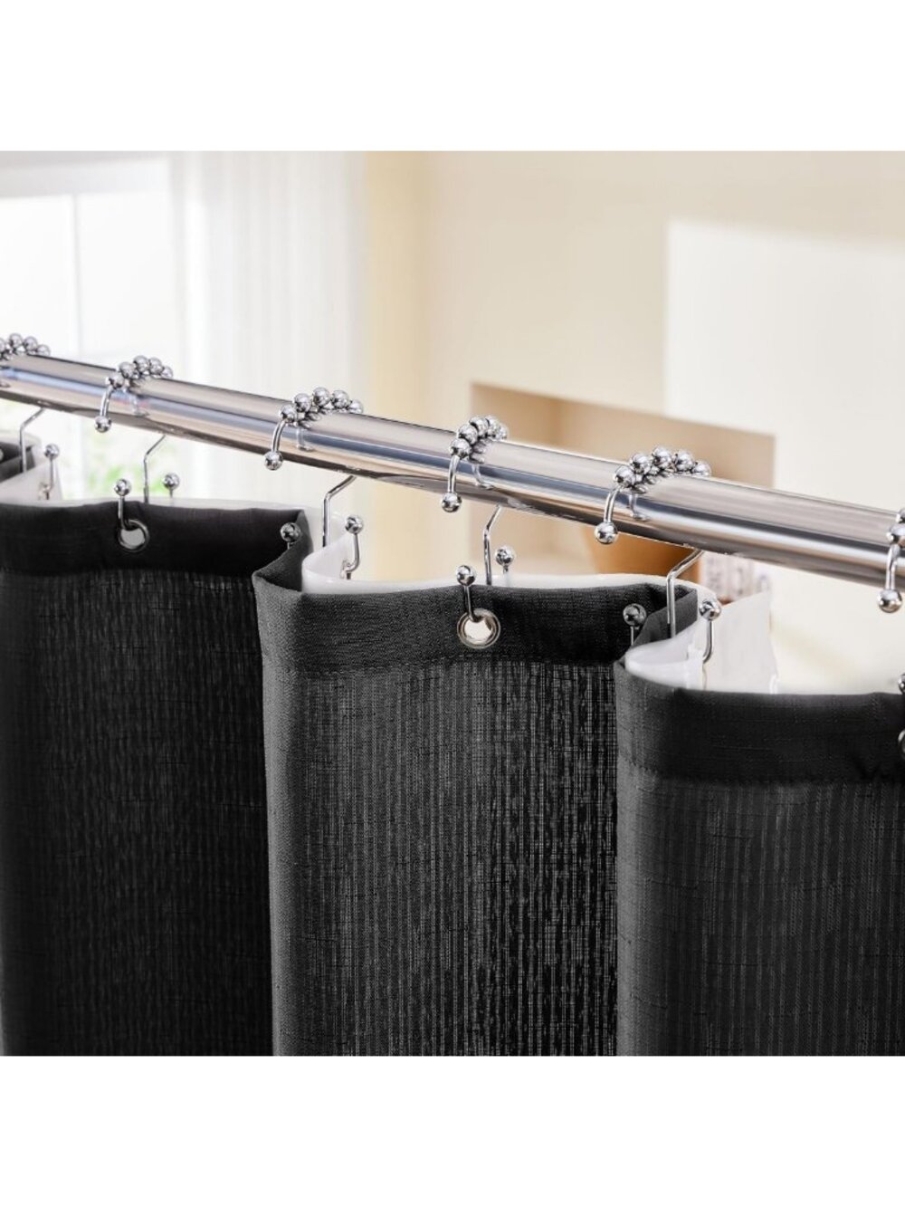 3-in-1 Waterproof Black Shower Curtain Set with Liner & Hooks, 72x72" Bathroom